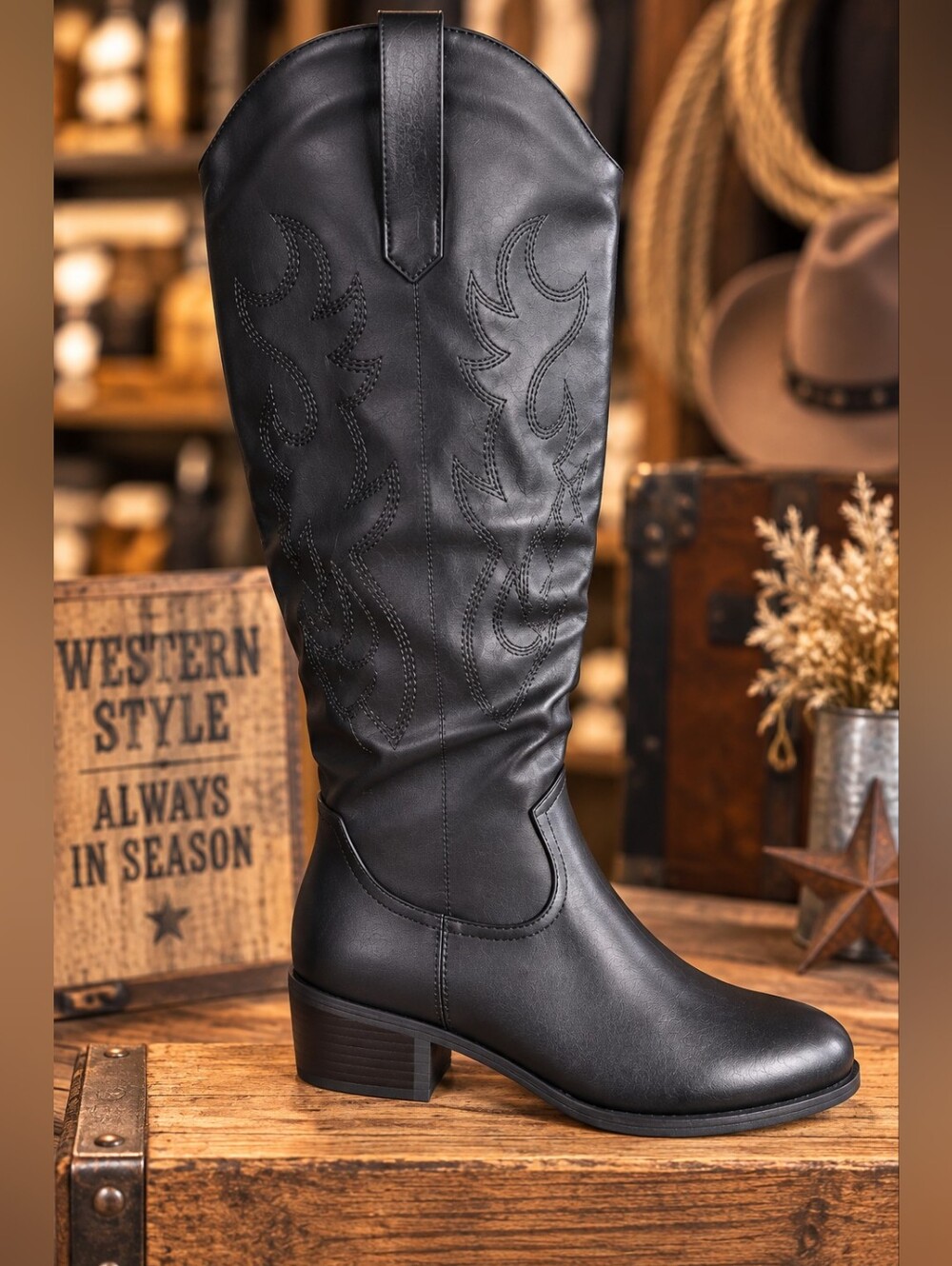 Black Vegan Leather Western Knee-High Boots – New in Box
